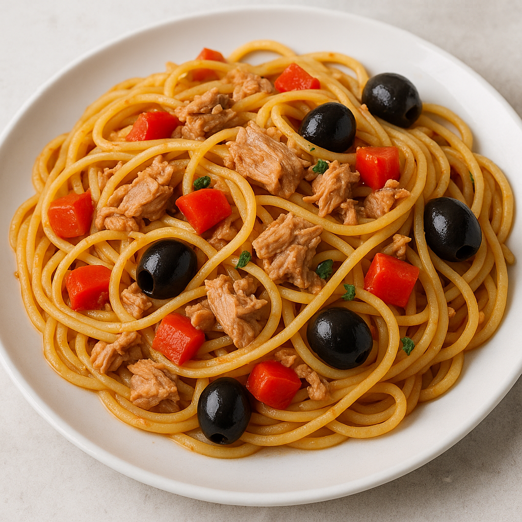 Spaghetti con tonno peperoni e olive