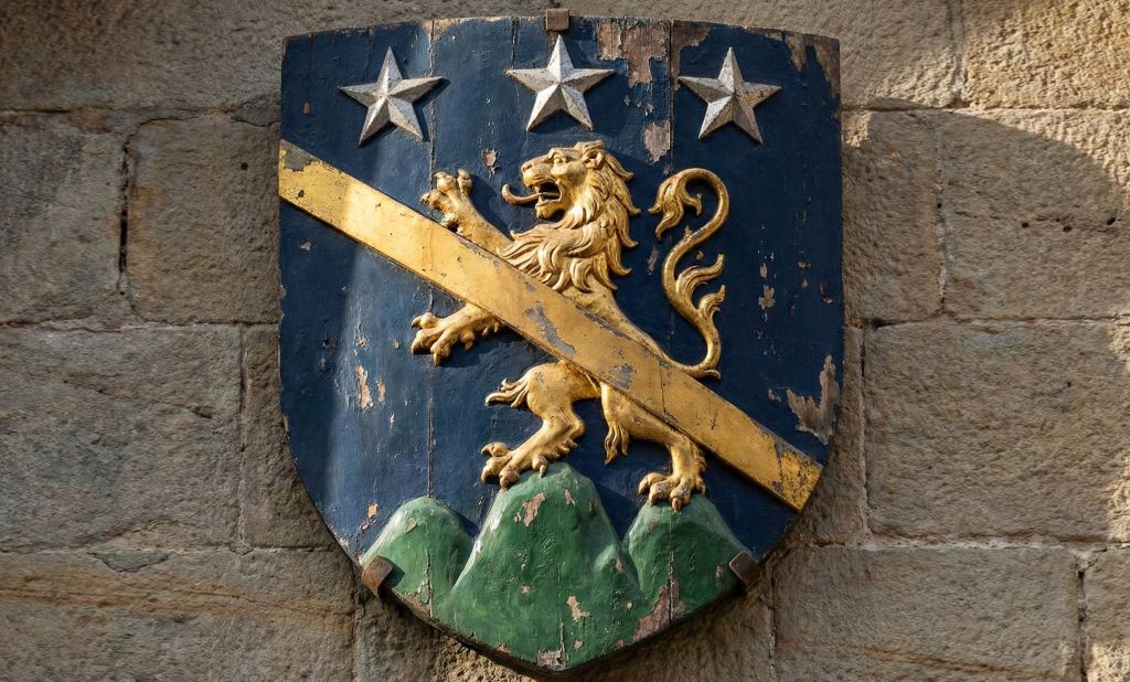 Stemma araldico famiglia Cianci. Uno stemma araldico antico su scudo sfondo azzurro. Al centro un leone dorato in piedi sopra una montagna verde a tre picchi. Una striscia diagonale dorata attraversa il leone. In alto nel cielo azzurro ci sono tre stelle argentate luminose. 